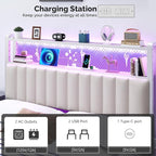 VINGLI Queen Size Headboard Only, Adjustable Upholstered Headboard with 2 Tier Shelves and Pegboard with Charging Stations and LED Lights, Modern Bed Headboard with Storage for Bedroom Decor