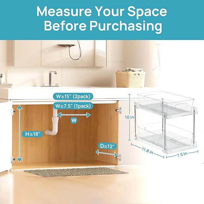 Vtopmart 2 Tier Bathroom Storage Organizer, 2 Pack Clear Under Sink Organizers Vanity Counter Container, Cabinet Drawers Bins, Pull-Out Organization with Track for Pantry, Kitchen