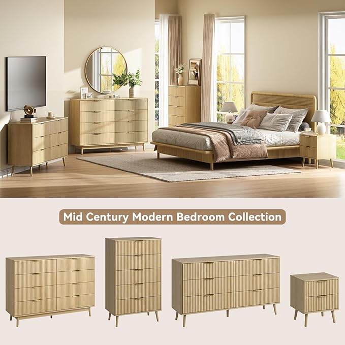 CARPETNAL Fluted 6 Drawer Dresser for Bedroom, 55" Wide Wooden Chest of Drawers with Rounded Corners, Gold Handles, Modern Storage Organizer for Bedroom, Hallway(Oak)