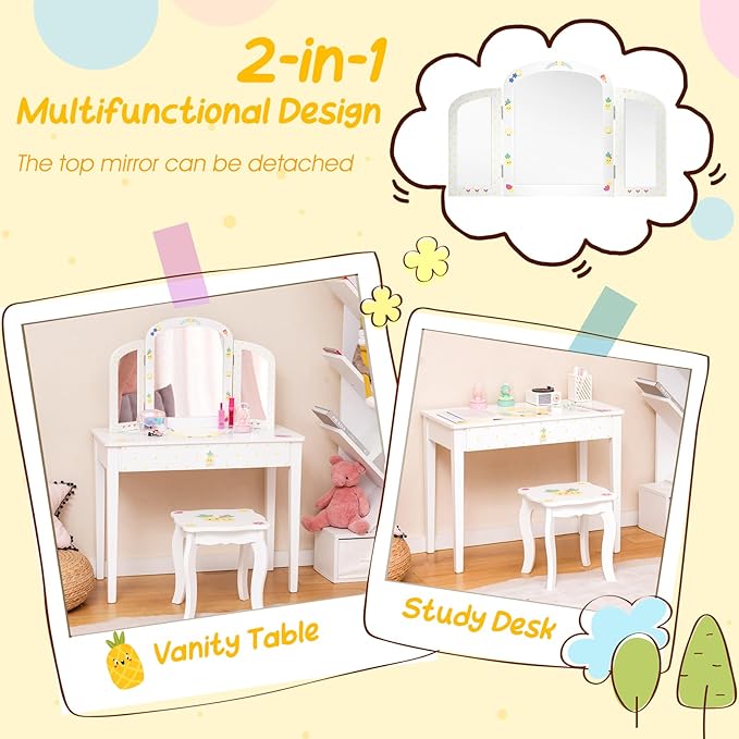Costzon Kids Vanity, Girls Vanity Set with Tri-Folding Mirror, Stool, Storage Drawer, Princess Toddler Makeup Vanity Desk Dressing Table, Wooden Kids Vanity Table and Chair Set (Fruit Pattern)