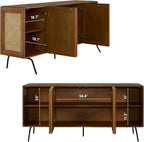 NTC MOSSIC Modern Sideboard with 4 Doors, Natural Rattan Storage Cabinet, Buffet with Metal Legs, Boho Accent Cabinet for Living Room, and Entryway, Effortless Assembly - Rustic Oak
