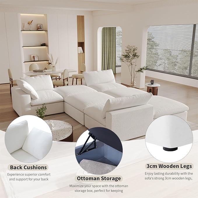 Cloud Modular Sectional Sofa with Storage Ottoman,160.6" Down Filled Comfort L Shaped Sofa Couch for Living Room,Minimalist Wide Deep Seat Convertible Couches,4 Seater and 1ottoman,White