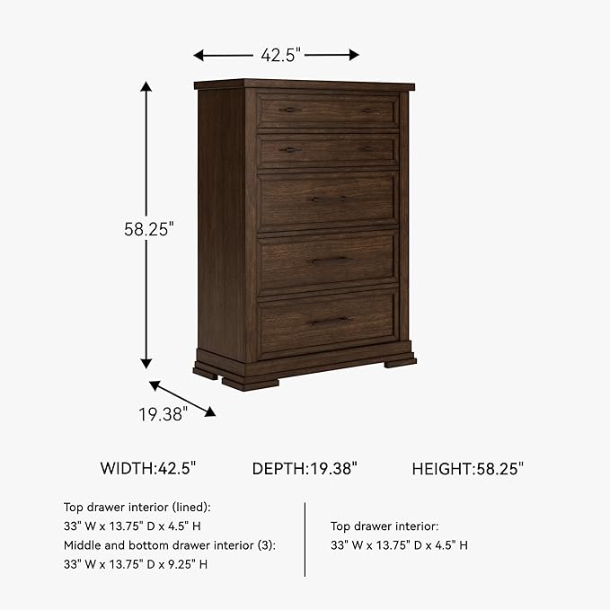 Signature Design by Ashley Taffenbrook Farmhouse 5-Drawer Chest with Felt-Lined Top Drawer and Easy Glide for Bedroom, Dark Brown