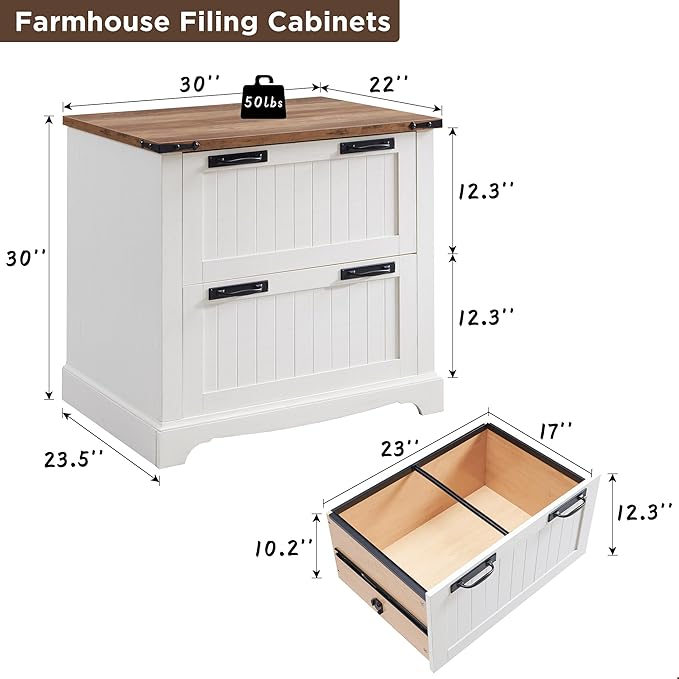 RedLemon Farmhouse Filing Cabinets with 2 Drawers, 30" File Cabinets with Hanging File Folders for A4/Letter/Legal Size Documents, Office Storage Cabinet for Study Room, Living Room (Antuique White)