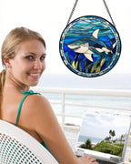 Stained Glass Suncatcher, Blue Ocean Big Shark Sun Catcher Waterweed Stain Glass Window Hanging Decoration Mother's Day Birthday Gifts for Women Men Mom Nana 6.3 in