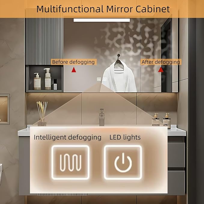 64IN Suspended Bathroom Cabinet Combo Set - Fully Functional LED Mirror with Smart Defogging & Time Display | Bathroom Vanity with Sink,Side Cabinet Storage Compartment (Style A)