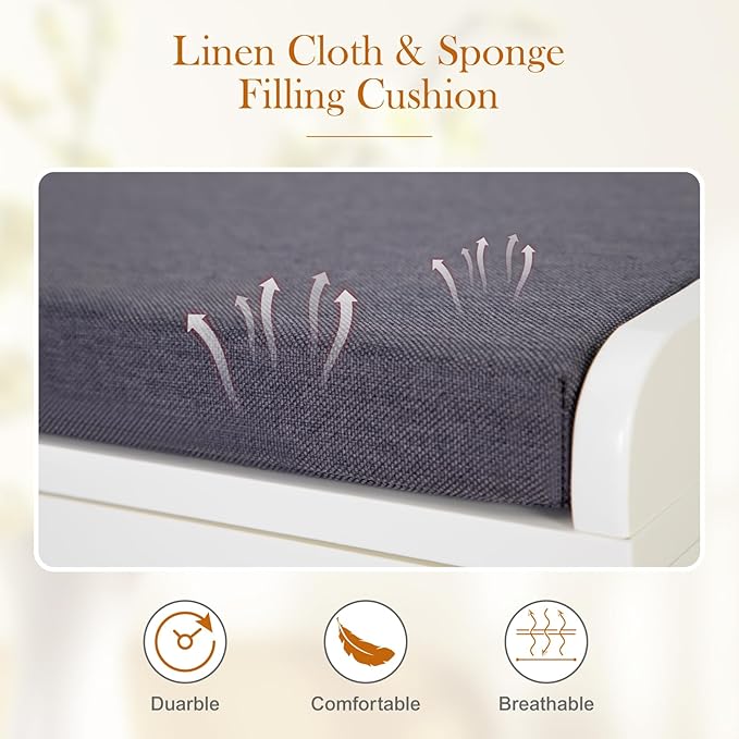 MFSTUDIO Large Shoe Storage Bench, White Wood Shoe Entryway Bench with Seating Padded Cushion, 2 Drawers, Freestanding Shoe Rack Organizer for Entryway Hallway Living Room, Grey Cushion