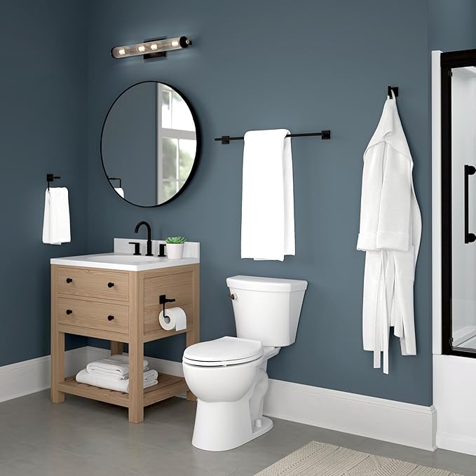 Franklin Brass Nash 4-Piece Bathroom Set Matte Black 18" Towel Bar Rack w/ 6" Extender, Toilet Paper Holder, Hand Towel Holder, Hook | Bathroom Accessory Set Towel Holder Hardware NASH64-MB