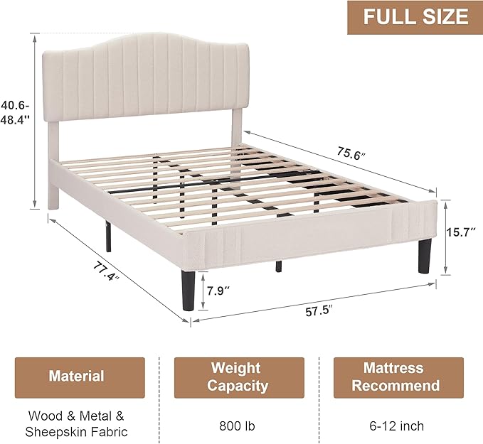VECELO Full Size Beds Upholstered Platform Bed Frame with Height-Adjustable Teddy Fabric Headboard/Strong Wood Slats Supports / 7.9'' Under Bed Storage Space/Noise Free/No Box Spring Needed, Cream