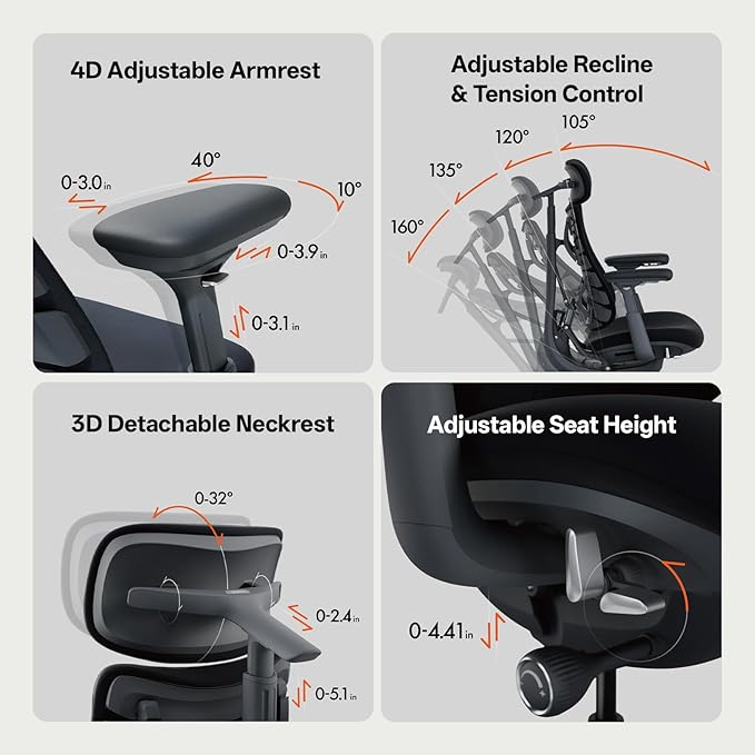 LiberNovo Dynamic Ergonomic Office Chair - Comfy Adjustable Desk Chair with Adaptive Lumbar Support, 160° Recline & Built-in Spine Stretch for Back Comfort, Home Office Long Hours Use, Black+48cm