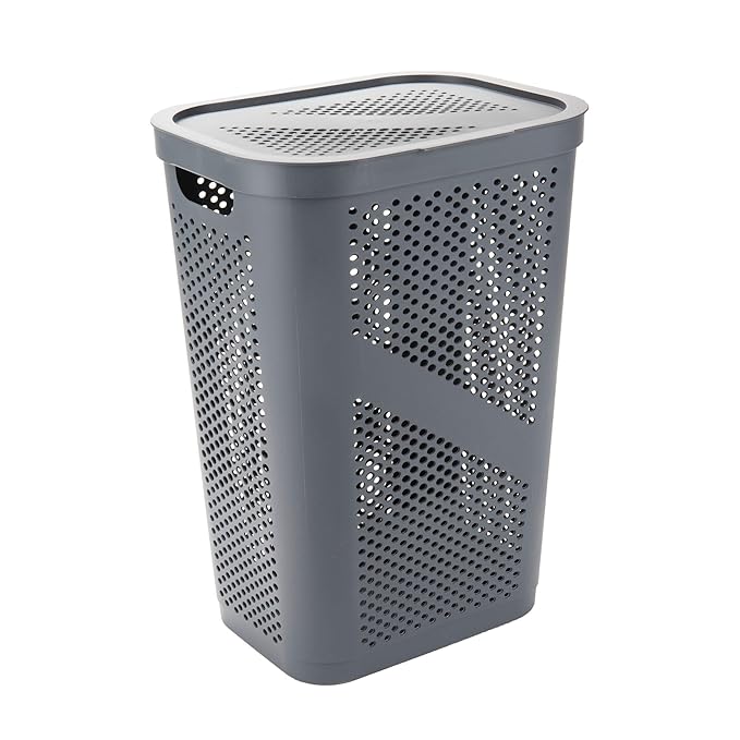 Mind Reader 60L Slim Laundry Hamper, Clothes Basket, Lid, Ventilated, Plastic, Set of 2, Gray