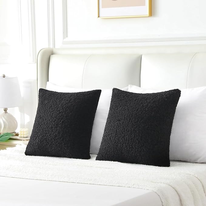 FUTEI Black Throw Pillow Covers 26x26 Inch Set of 2,Furry Faux Fur Teddy Boucle Textured Cushion Covers,Soft Fluffy Decorative Euro Pillow Shams,Home Decor for Couch Bed Living Room Office Car