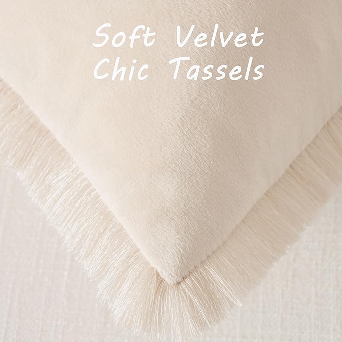 FUTEI Beige Velvet Decorative Throw Pillow Covers 24x24 Set of 2,Soft Cozy Edge with Tassels European Cushion Case,Boho Modern Home Decor for Couch Bed Living Room