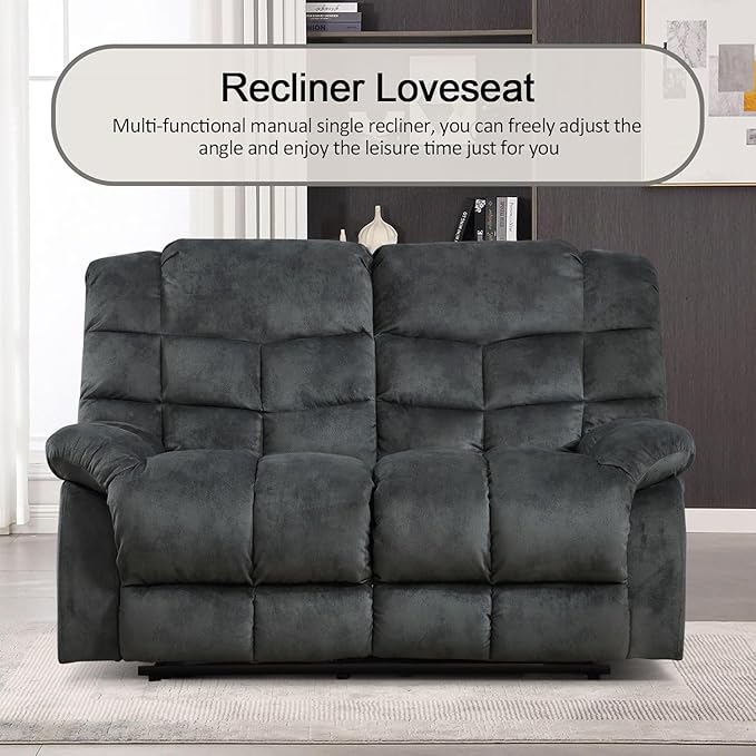 CANMOV Manual Loveseat Recliner, 2 Seat Recliner Sofa Chair with Armrest and Overstuffed Backrest, Couch Set for Living Room, Bedroom, Office, Grey