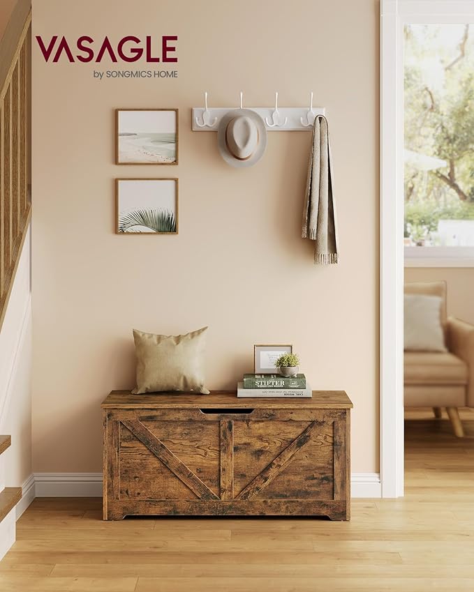 VASAGLE Storage Chest, Storage Trunk with 2 Safety Hinges, Storage Bench, Shoe Bench, Farmhouse Style, 15.7 x 39.4 x 18.1 Inches, for Entryway, Bedroom, Living Room, Rustic Brown ULSB060T01