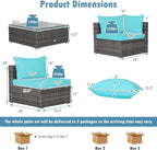 Tangkula 7 Pieces Patio Furniture Set, Patiojoy All-Weather Outdoor Rattan Sectional Sofa Set with Cushions and Tempered Glass Coffee Table, for Garden, Lawn, Backyard (Turquoise)