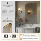 ANDY STAR Bathroom Mirror for Wall, 24x40 Inch Gold Rectangle Mirror for Bathroom with Rounded Corner, Modern Brushed Brass Vanity Rectangular Mirrors with Tube Metal Frame, Explosion-Proof Film