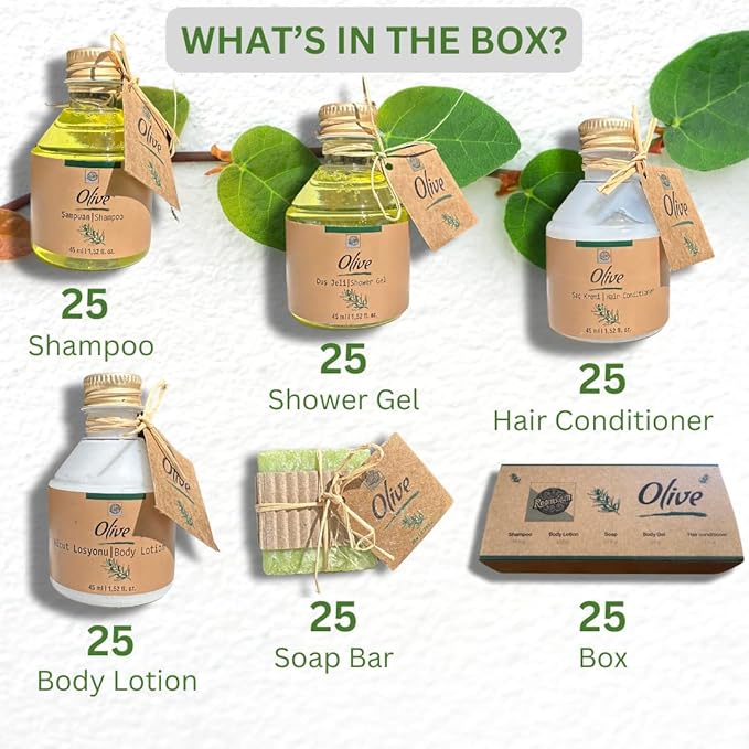 Turkish Bath Set by Roomsium, Olive Box Hotels, Airbnb essentials for hosts |Paraben-free-Toiletries for Hotels, Airbnb- Shampoo,BodyLotion,BodyGel, HairConditioner,125 Pieces (25 Individual boxes)