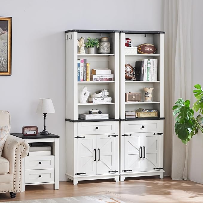 72in Tall Bookshelf 7 Tier Bookcase with Drawer and Barn Doors and Adjustable Shelves, White Farmhouse Book Shelf with Storage Cabinet, Wood Freestanding Display Bookshelves for Kitchen (4PCS)