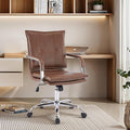 Mid-Back Ergonomic Leather Office Chair, Modern Upholstered Executive Desk Chair with Gold Frame Armrest Computer Task Chair (Brown &Silver Legs)