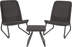 Keter Rio 3 Piece Resin Wicker Patio Furniture Set with Side Table and Outdoor Chairs for Front Porch and Backyard Decor, Dark Grey