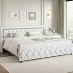 BarnFurin King Size Bed Frame and Headboard, Faux Leather Upholstered Bed with Diamond Tufted Design, Modern Platform Bed Frame with Wooden Slats Support, No Box Spring Required, Easy Assembly, White
