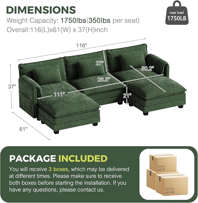 ELUCHANG 116" U Shaped Modular Sectional Cloud Couch with Pillow, Deep Seat Sofa Couches for Living Room, 5-Seat Modern Sofa with Movable Ottoman, Chenille Olive Green