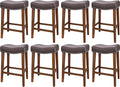 PrimeZone Counter Height Bar Stools Set of 8 - Backless Saddle Barstools with 4.3" Thick Upholstered, Nailhead Trim Faux Leather & Solid Wood Legs, 26 Inch Counter Stools for Kitchen Island, Brown