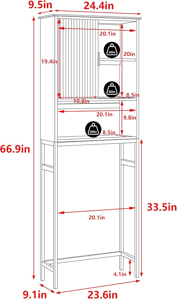 Over The Toilet Storage Cabinet with Fluted Doors, Bathroom Over Toilet Rack with Adjustable Shelf Bamboo FreeStanding Space-Saving Storage Organizer, Natural