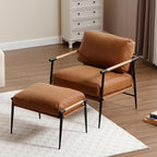 DUOMAY Mid Century Modern Accent Chair with Ottoman Set, PU Brown Upholstered Living Room Chair with Metal Legs Lazy Lounge Chair Set with Footrest for Bedroom Living Room