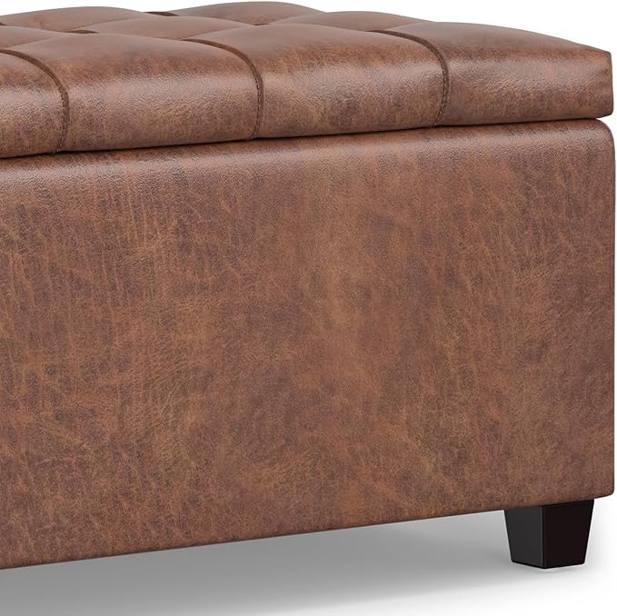 SIMPLIHOME Sienna 33 inch Wide Transitional Rectangle Storage Ottoman Bench in Distressed Saddle Brown Vegan Faux Leather, Assembled, for The Living Room, Entryway and Family Room
