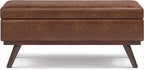 SIMPLIHOME Owen 42 inch Wide Mid Century Modern Rectangle Lift Top Large Coffee Table Storage Ottoman in Distressed Saddle Brown Vegan Faux Leather, Assembled, for the Living Room and Entryway