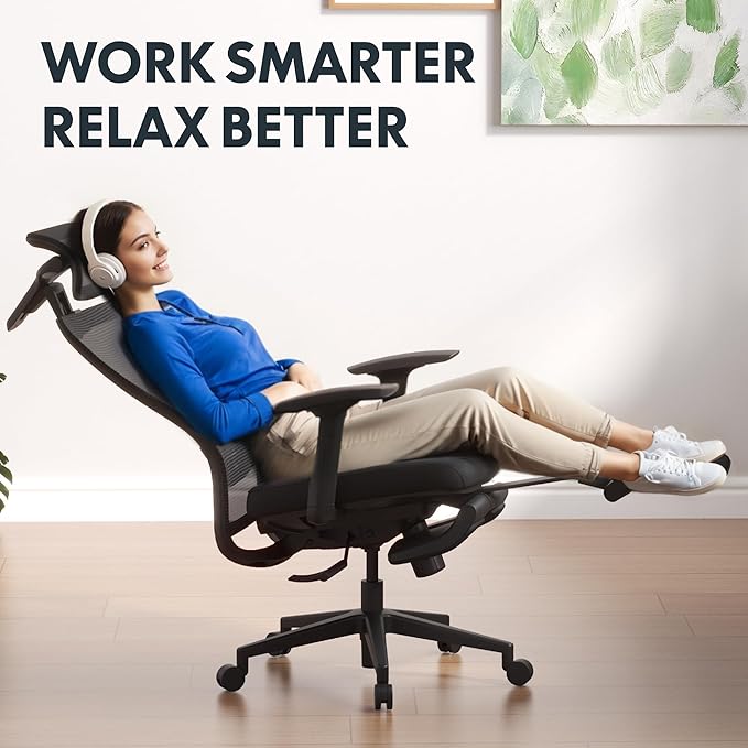 FLEXISPOT OC3 Cloud Ergonomic Office Chair with Footrest, Mesh Back Computer Chair, Home Office Desk Chairs, with Adjustable Lumbar Support/3D Headrest/Reliable Base, Elastic Foam Seat, Black, Cloud-F