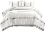 Lush Decor Farmhouse Stripe Reversible Cotton Comforter Set - 3 Piece Cozy Pinstripe Bedding Set - Classic Modern Rustic Charm Bedroom Decor - King, Dark Gray