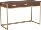 Martha Stewart Ollie Home Office Desk with 3 Drawers in Walnut Wood Grain with Polished Brass Hardware