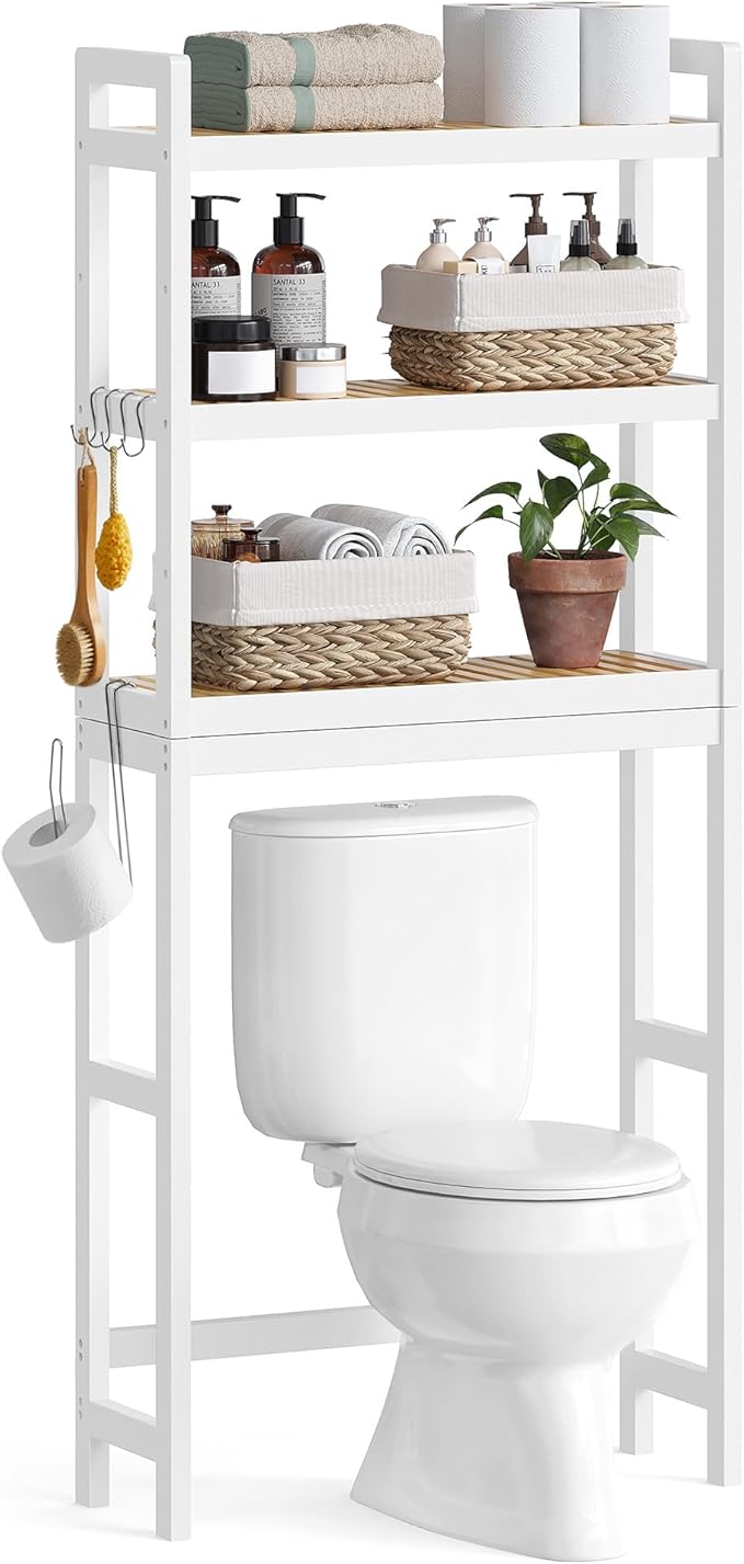 SONGMICS Over The Toilet Storage, 3-Tier Over Toilet Bathroom Organizer with Adjustable Shelf, 10.2 x 24.8 x 66.9 Inches, Space-Saving, Cloud White and Natural Beige UBTS001W02