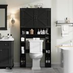 Vabches Over The Toilet Storage Cabinet, Farmhouse Storage Cabinet Over Toilet with 2 Barn Doors ，Toilet Paper Holder Stand，Home Space-Saving Toilet Rack, for Laundry, Restroom, Bathroom.Black.