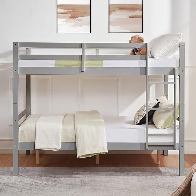 Softa Full Over Full Bunk Bed with Thick Posts,Wooden Bunk Bed with High Guardrail and Ladder for Kids, Teens, Dorm Rooms, and Guest Rooms,No Box Spring Needed, Grey