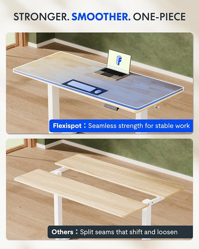 FLEXISPOT EN1 One-Piece Solid Wooden Standing Desk 48 x 24 Inches Height Adjustable Electric Sit Stand Home Office Desks (Silver Frame + Rubber Wood Top, 2 Packages)