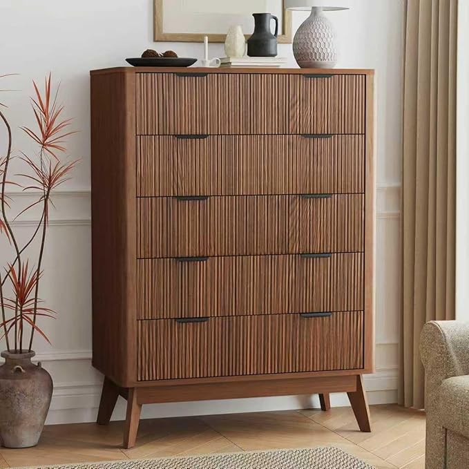 Fluted 5 Drawer Dresser, Tall Dresser with Deep Drawers, Wood Chest of Drawers for Bedroom, Modern Tall Chest Storage Organizer, Natural Finish for Hallway, Entryway, Living Room (Walnut)
