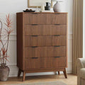 Fluted 5 Drawer Dresser, Tall Dresser with Deep Drawers, Wood Chest of Drawers for Bedroom, Modern Tall Chest Storage Organizer, Natural Finish for Hallway, Entryway, Living Room (Walnut)