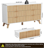 6 Drawer Dresser, 53.43 Inch Fluted Wood Double Dresser with Metal Handles Curved Design Wide Storage Organizer Cabinet Mid Century Modern Chest Dressers for Bedroom Living Room Entryway