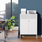 2 Door Accent White Metal Storage Cabinet with Adjustable Shelves and Air Vent Doors, 3 Tier Metal Sideboard Cabinet for Home, Office, Entryway, Hallway, Assembly Required, (LC-WGG-W)