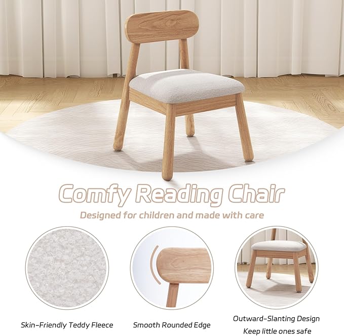 Kid Chair, Shepra Toddler Chairs Comfy Reading Chair for Kids Bedroom, Activity Table Chairs with Solid Wood Legs, Little Kids Furniture Wooden Stool for Children Playroom/Nursery/Gifts, White