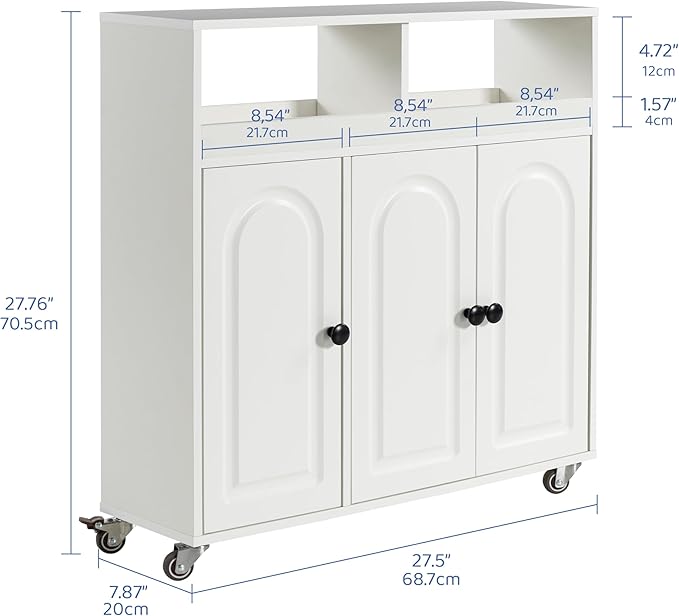 Bathroom Storage Cart with Doors，3-Door Cabinet & Divided Open Shelf，Rolling Organizer Cart for Bathroom, Toilet，White (2)