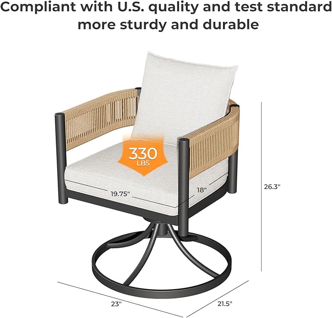 Grand patio Outdoor Dining Set, 7-Piece Patio Table and Chairs Set, Metal Woven Wicker Swivel Patio Chairs with Thickened Cushions & 1 Rectangular Woodgrain Dining Table with Umbrella Hole (Natural)