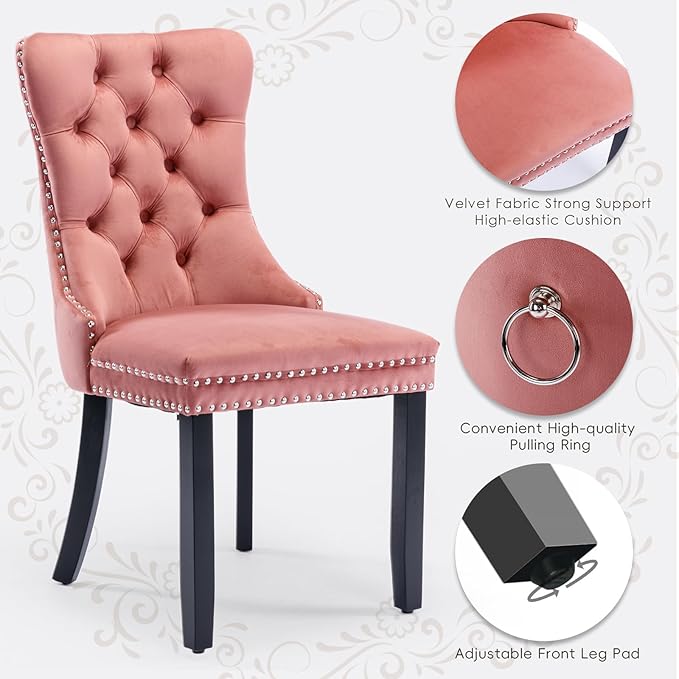 Velvet Upholstered Dining Chairs Set of 4, Modern Style Kitchen Side Chairs with Nailhead Trim and Wood Legs,Metal Pulling Ring for Dining Room Living Room(Pink,Set of 4)