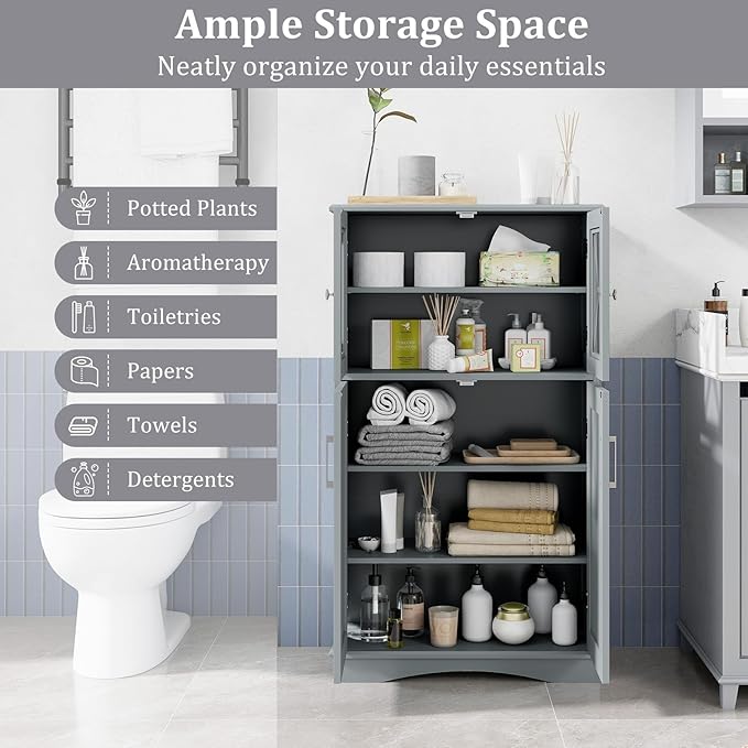 Giantex Bathroom Floor Storage Cabinet - Linen Floor Cabinet with Doors and Adjustable Shelves, Freestanding Side Storage Organizer for Bathroom, Living Room, Entryway, Kitchen Storage Unit (Grey)