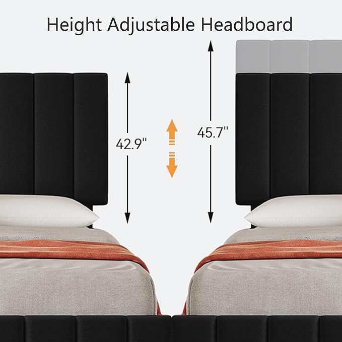 Garvee King Size Bed Frame with 4 Storage Drawers, Adjustable Height Headboard, Linen Upholstered Platform Bed Frame, No Box Spring Needed, Easy Assembly, Black
