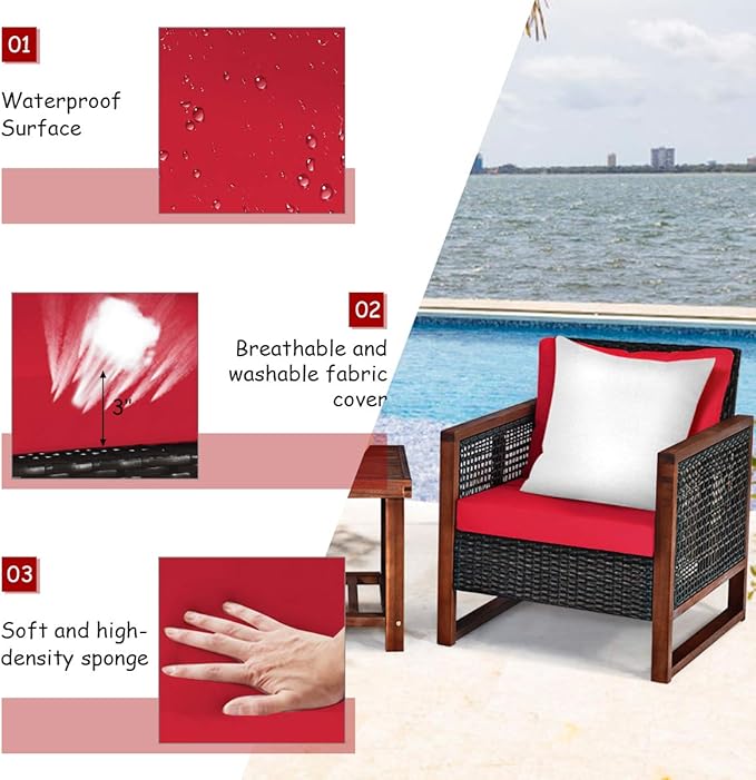 COSTWAY 3 Pieces Wicker Patio Furniture Set, Outdoor Wicker Sofa with Acacia Wood Frame, Coffee Table & Washable Cushions, Rattan Conversation Sets for Yard, Porch, Bistro, Balcony, Backyard, Red